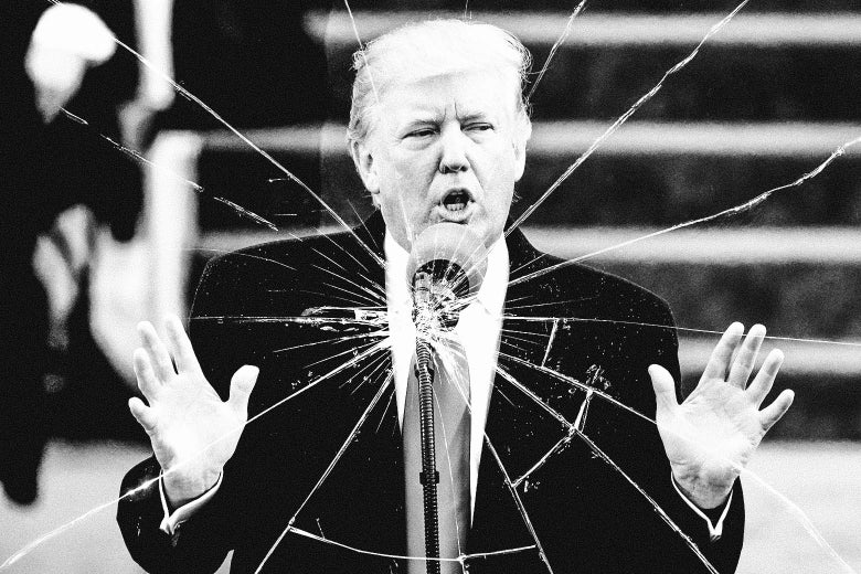 Photo illustration of Trump speaking, but the effect is shattered glass. Like he broke his promises.